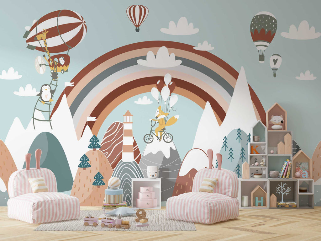 Rainbow Dreamland Wallpaper : Balloon Fox Mountains Kids Mural - View 3