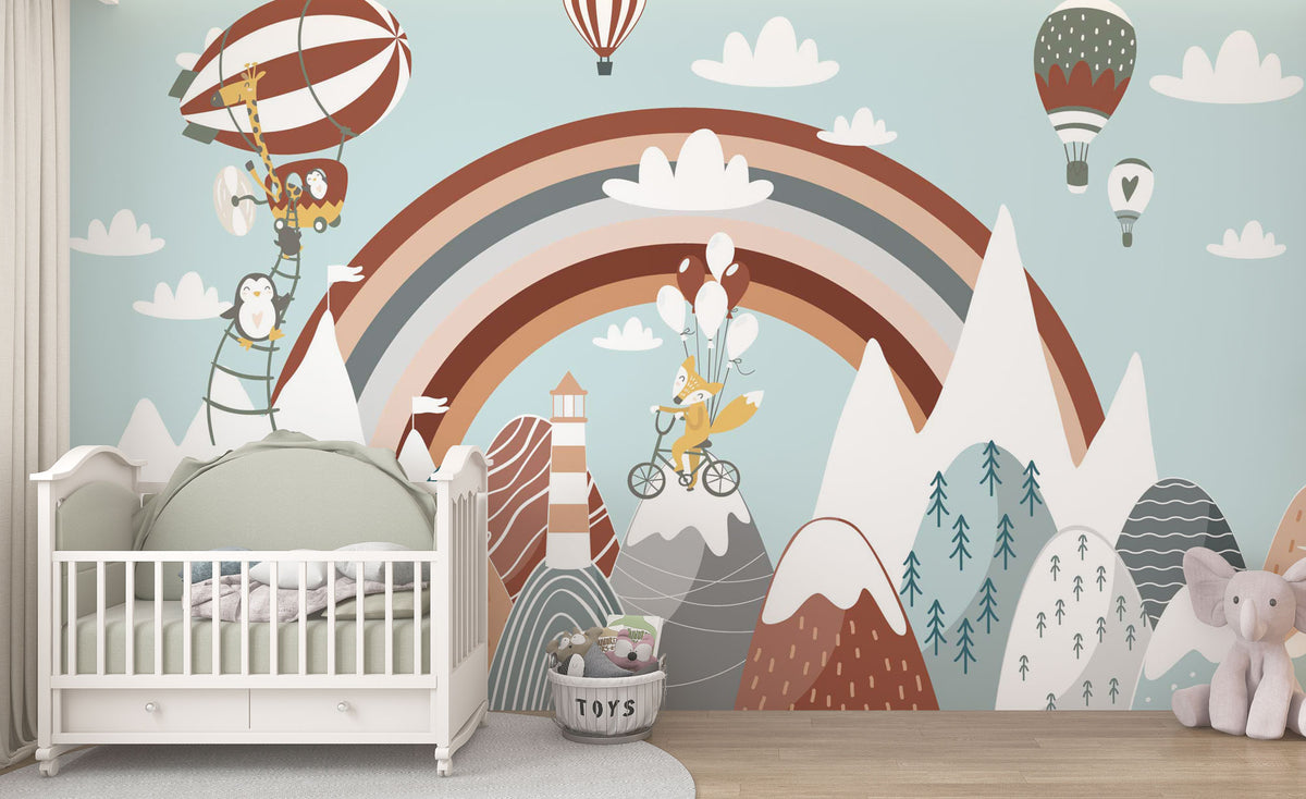 Rainbow Dreamland Wallpaper : Balloon Fox Mountains Kids Mural