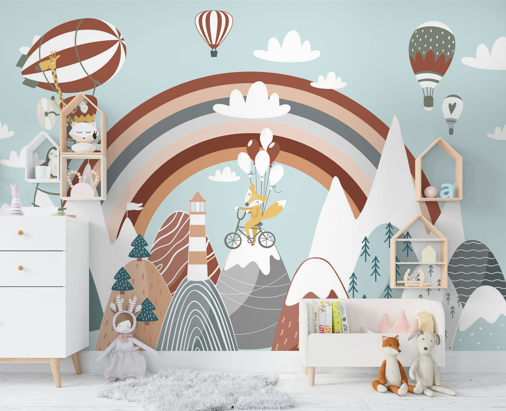 Rainbow Dreamland Wallpaper : Balloon Fox Mountains Kids Mural - View 4