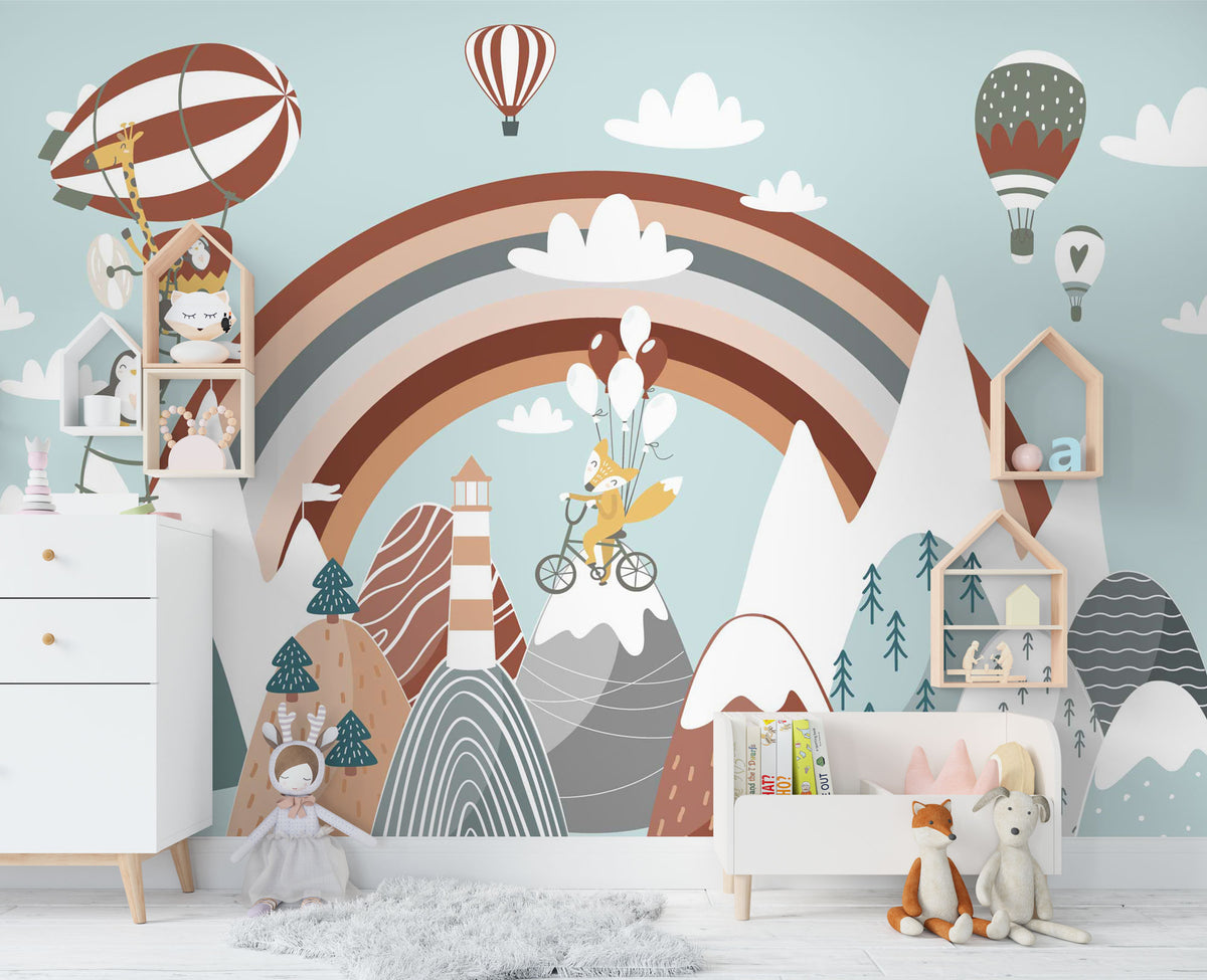 Rainbow Dreamland Wallpaper : Balloon Fox Mountains Kids Mural - View 4