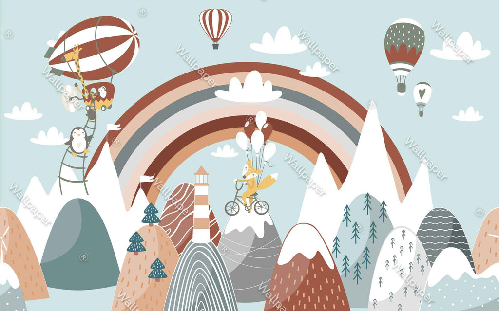 Rainbow Dreamland Wallpaper : Balloon Fox Mountains Kids Mural - View 2