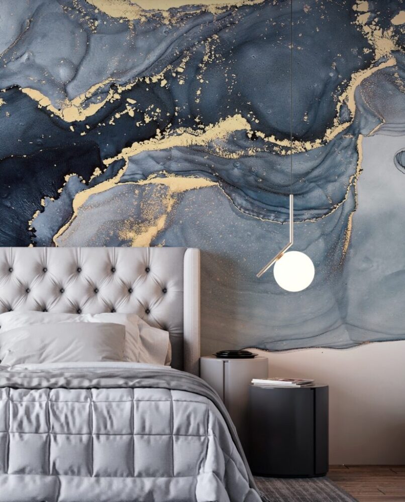 Navy Gold Marble Wallpaper : Watercolour Agate Swirl Mural