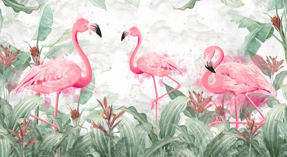 Pink Flamingo Wallpaper : Watercolor Tropical Mural - View 2
