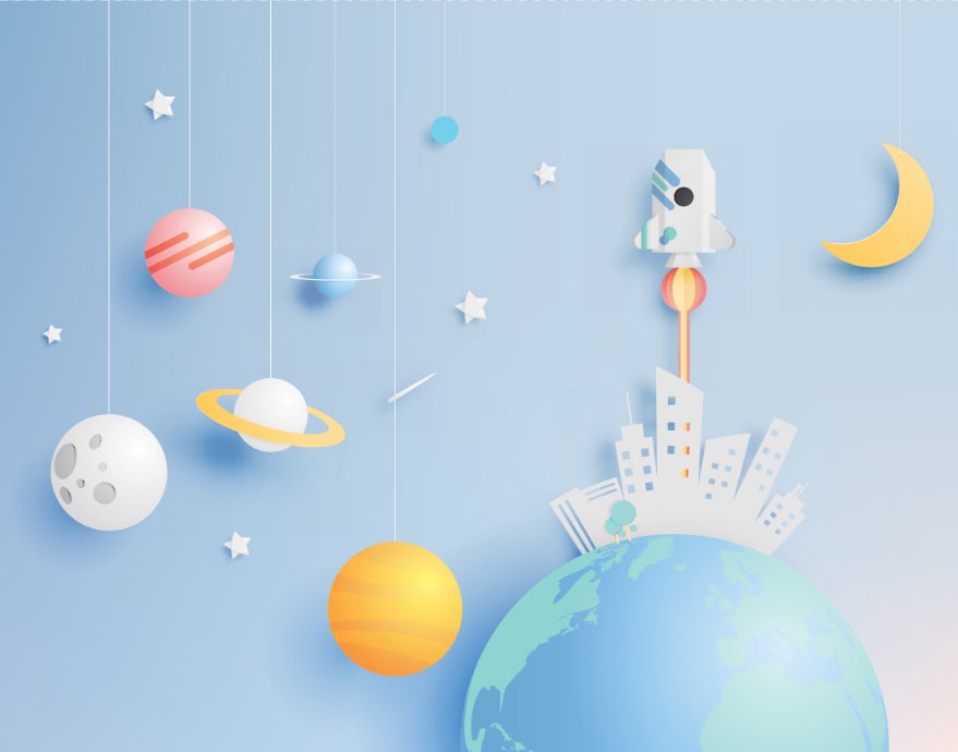 Kids Space Wallpaper : Planets and Rocket Blue Mural - View 2