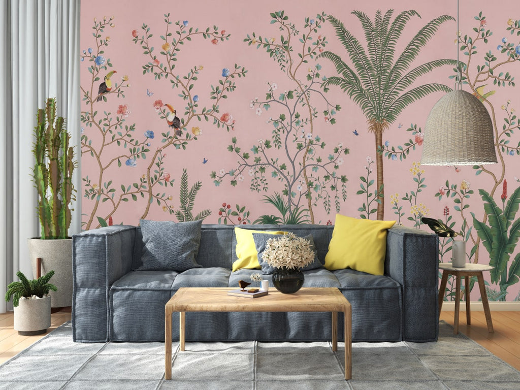 Blush Chinoiserie Garden Wallpaper : Blossom Trees and Birds Mural