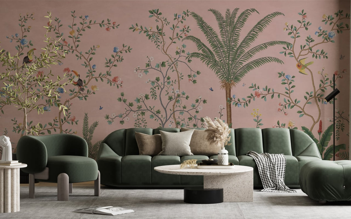 Blush Chinoiserie Garden Wallpaper : Blossom Trees and Birds Mural - View 2