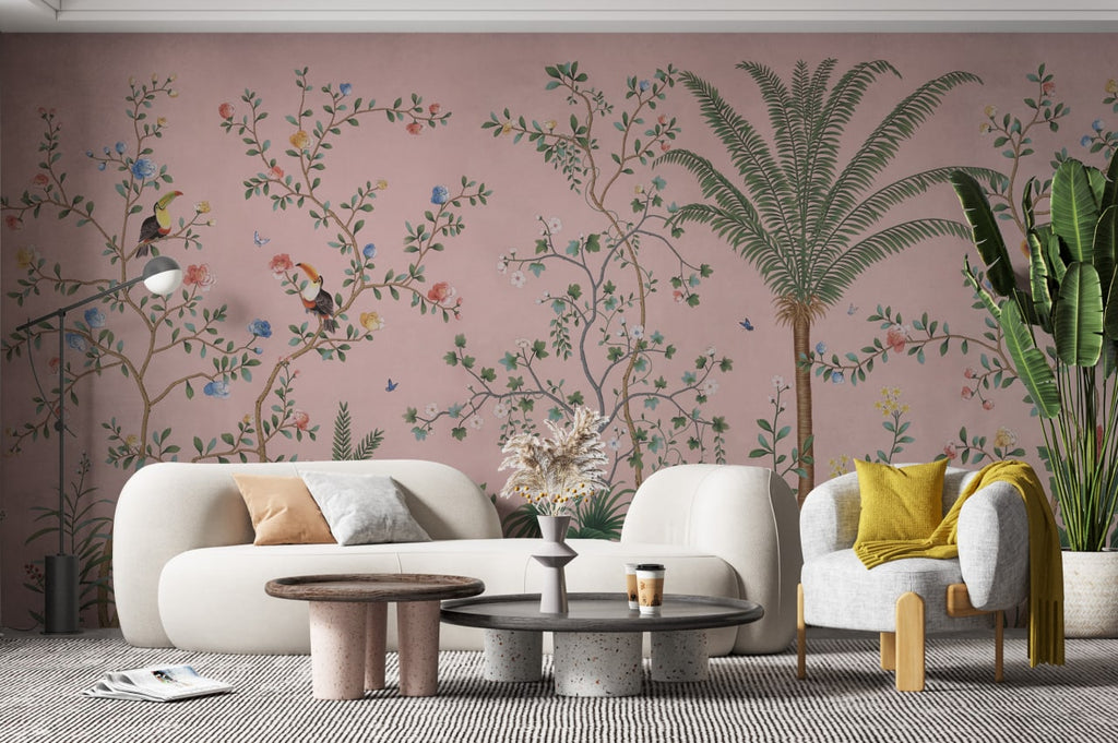 Blush Chinoiserie Garden Wallpaper : Blossom Trees and Birds Mural - View 3
