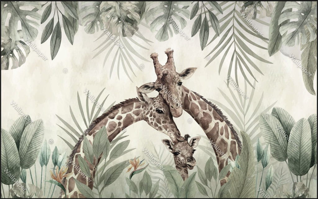 Giraffe Family Wallpaper : Watercolor Safari Mural - View 2