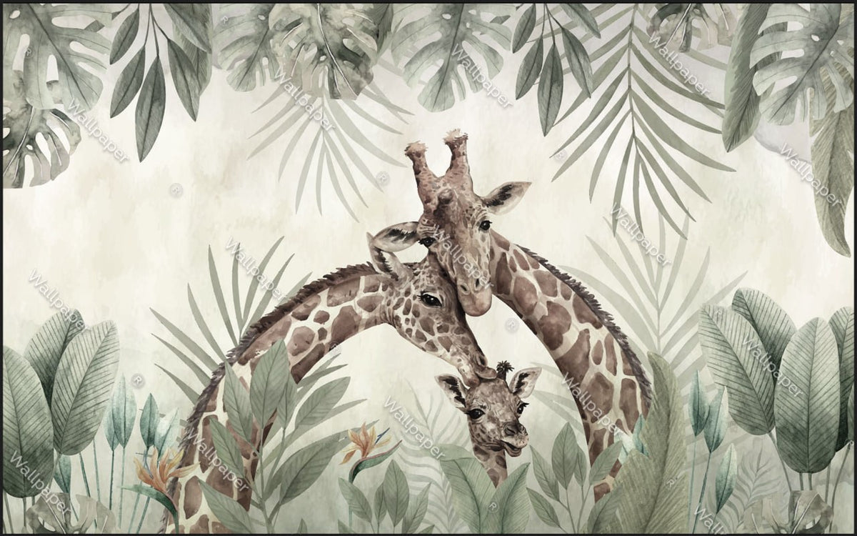 Giraffe Family Wallpaper : Watercolor Safari Mural - View 2