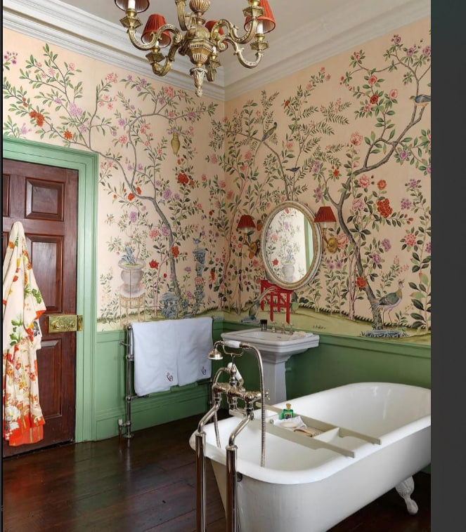 Beige Rose Tree Birds Wallpaper : Chinoiserie Garden Mural