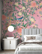 Pink Floral Bird Wallpaper : Coral Blossom Pattern