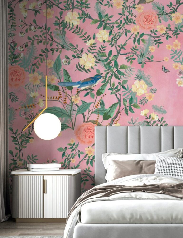 Pink Floral Bird Wallpaper : Coral Blossom Pattern