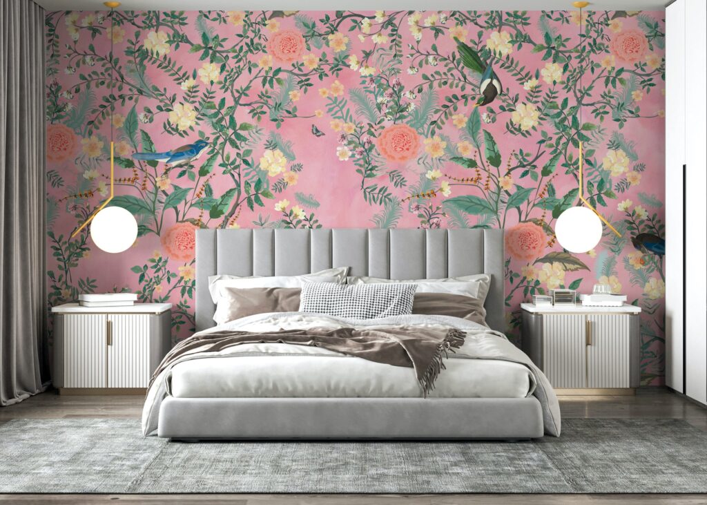 Pink Floral Bird Wallpaper : Coral Blossom Pattern - View 2