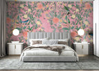 Pink Floral Bird Wallpaper : Coral Blossom Pattern - View 2