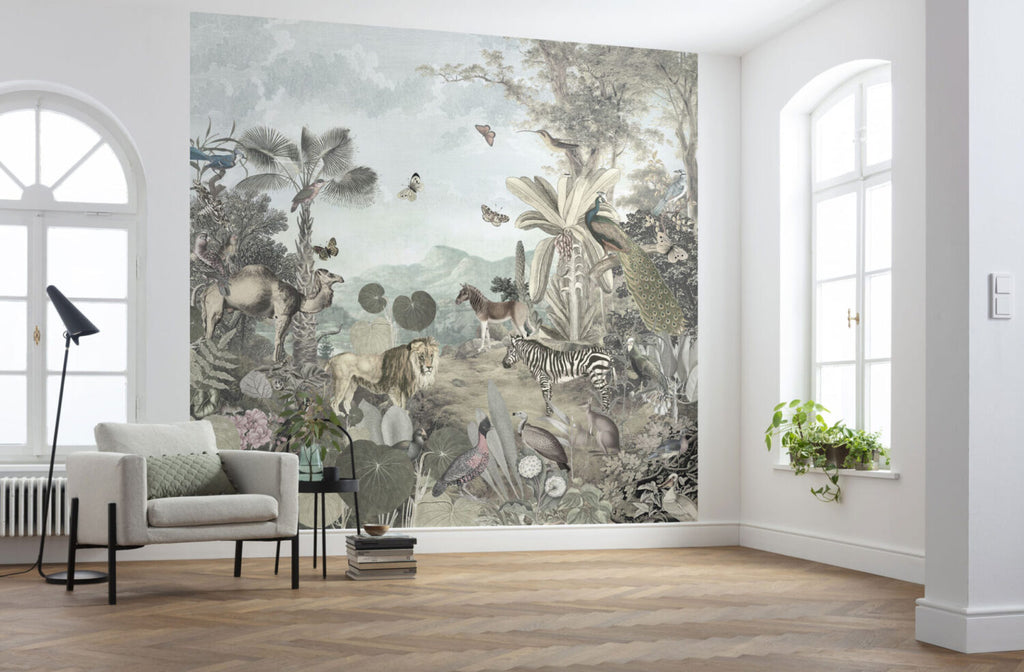 Exotic Animals Jungle Wallpaper : Zebra Lily Pad Vintage Mural - View 3