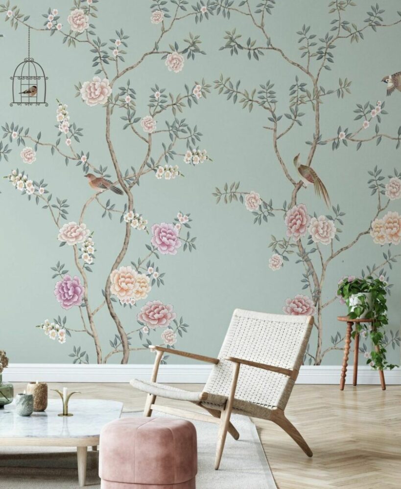 Sage Chinoiserie Bird Wallpaper : Pink Peony Branch Mural