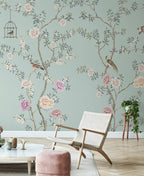 Sage Chinoiserie Bird Wallpaper : Pink Peony Branch Mural