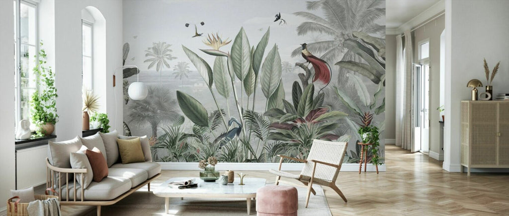Tropical Ruin Garden Wallpaper : Bird of Paradise and Hummingbird Mural