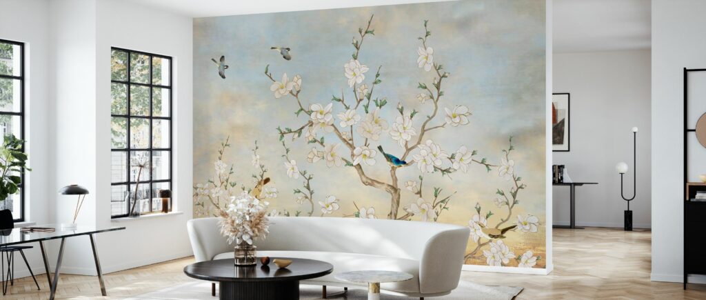 White Magnolia Tree Wallpaper : Bluebird Chinoiserie Mural - View 2