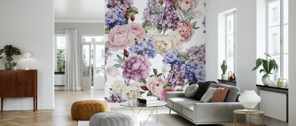 Hydrangea Bouquet Wallpaper : Lilac and Cream Floral Mural - View 3