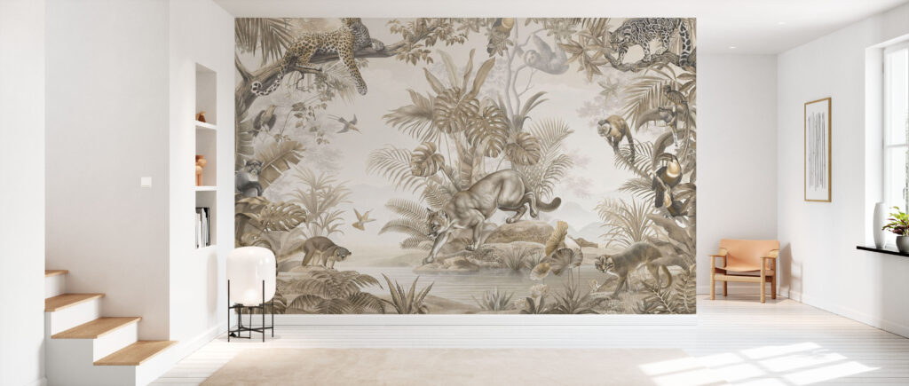 Sepia Jungle Wallpaper : Leopards and Monkeys Tropical Mural - View 2