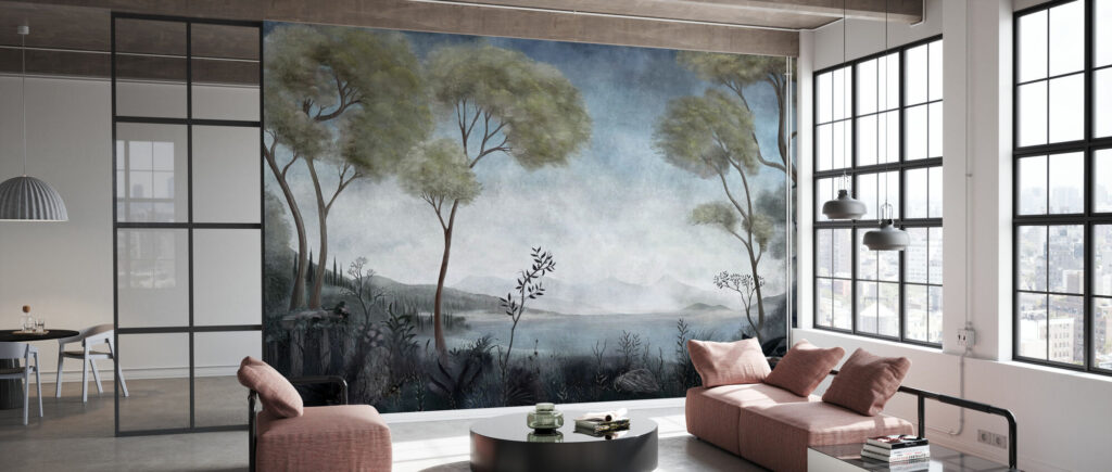 Misty Lake Wallpaper : Blue Grey Tree Landscape Mural - View 3