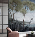 Misty Lake Wallpaper : Blue Grey Tree Landscape Mural