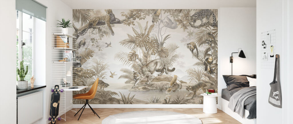 Sepia Jungle Wallpaper : Leopards and Monkeys Tropical Mural - View 3