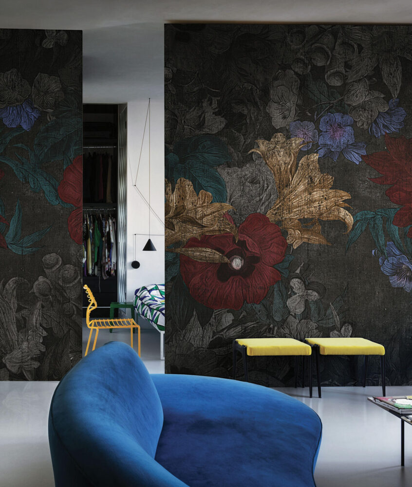 Dark Painted Poppy Wallpaper : Red Flowers On Black Textured Mural