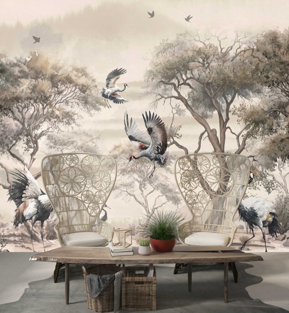 Crane Forest Wallpaper : Sepia Chinoiserie Trees and Birds Mural - View 4
