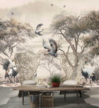 Crane Forest Wallpaper : Sepia Chinoiserie Trees and Birds Mural - View 4
