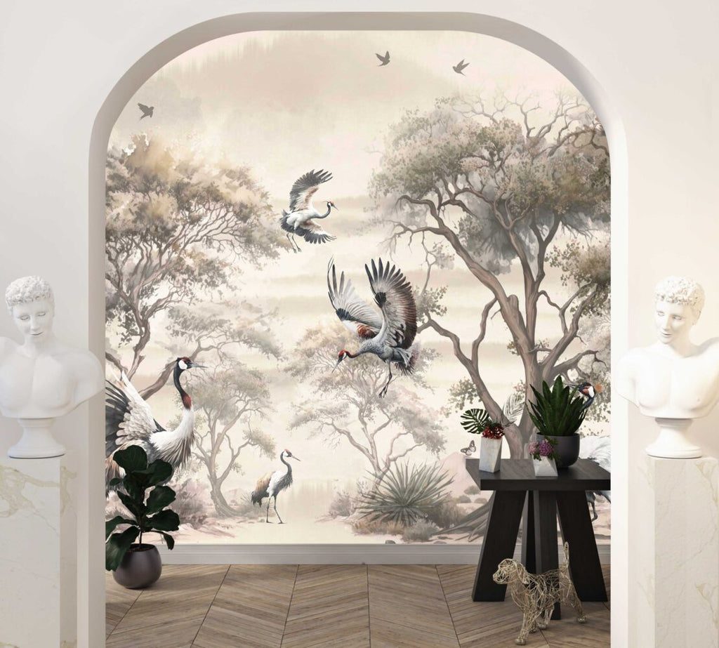 Crane Forest Wallpaper : Sepia Chinoiserie Trees and Birds Mural - View 3