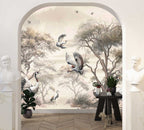 Crane Forest Wallpaper : Sepia Chinoiserie Trees and Birds Mural - View 3