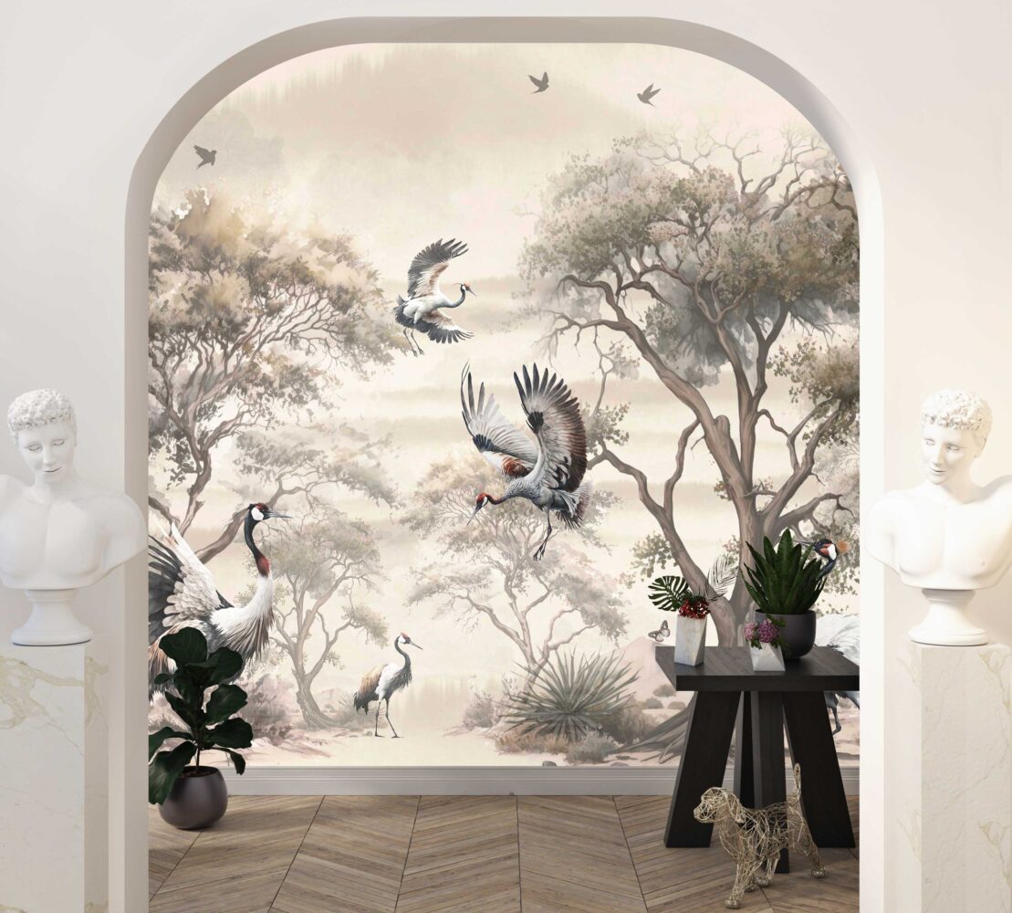 Crane Forest Wallpaper : Sepia Chinoiserie Trees and Birds Mural - View 3