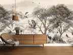 Crane Forest Wallpaper : Sepia Chinoiserie Trees and Birds Mural - View 2