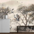 Crane Forest Wallpaper : Sepia Chinoiserie Trees and Birds Mural