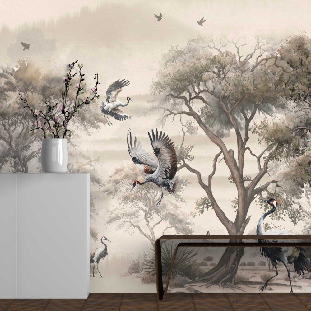 Crane Forest Wallpaper : Sepia Chinoiserie Trees and Birds Mural