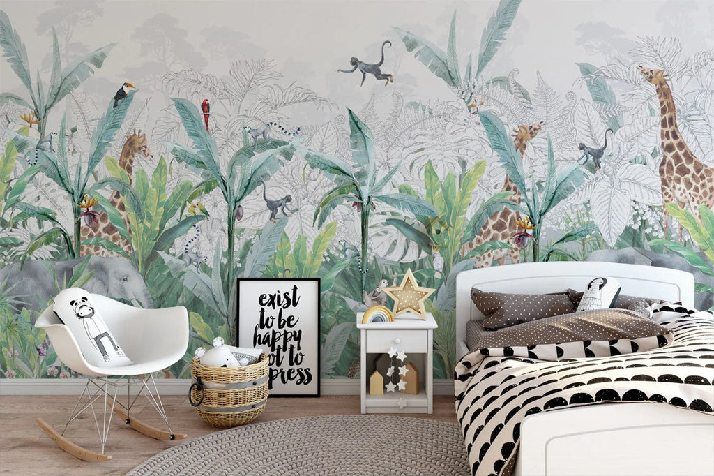 Rainforest Safari Wallpaper : Giraffes and Elephants Jungle Mural - View 2