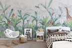Rainforest Safari Wallpaper : Giraffes and Elephants Jungle Mural - View 2