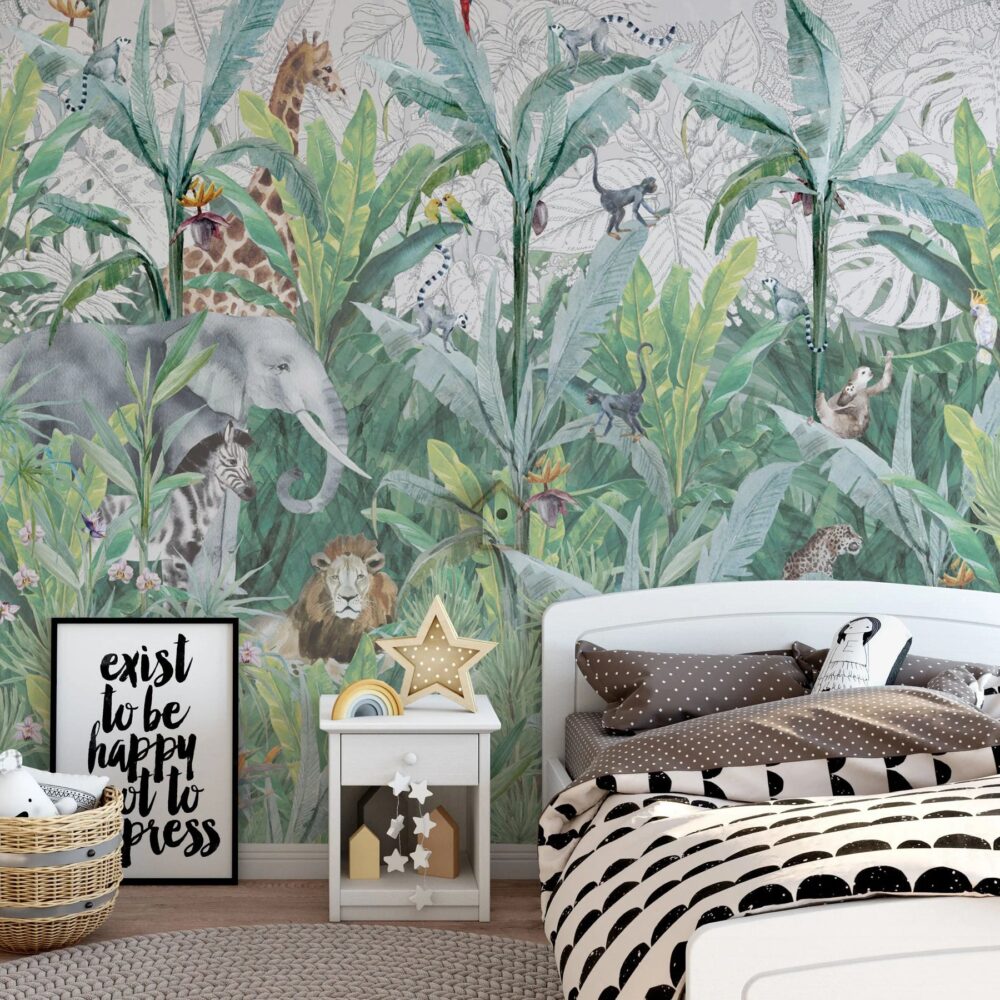 Rainforest Safari Wallpaper : Giraffes and Elephants Jungle Mural