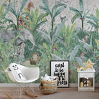 Rainforest Safari Wallpaper : Giraffes and Elephants Jungle Mural - View 4