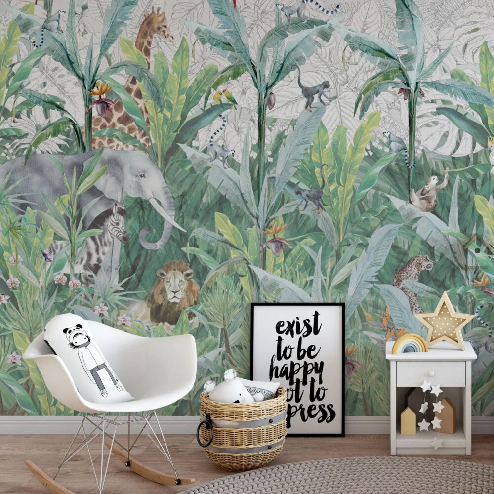 Rainforest Safari Wallpaper : Giraffes and Elephants Jungle Mural - View 4