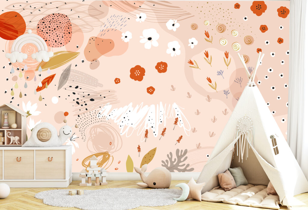 Peach Abstract Floral Wallpaper : Orange Blossom Brushstroke Mural