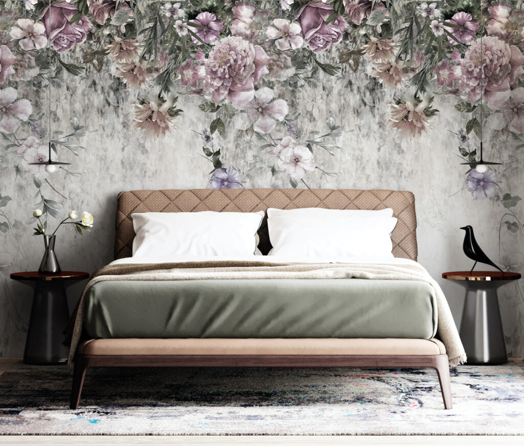Hanging Flowers Wallpaper : Soft Grey Cascading Blossom Mural