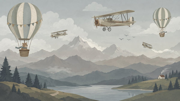 Vintage Hot Air Balloon Wallpaper : Biplane Mountain Kids Mural