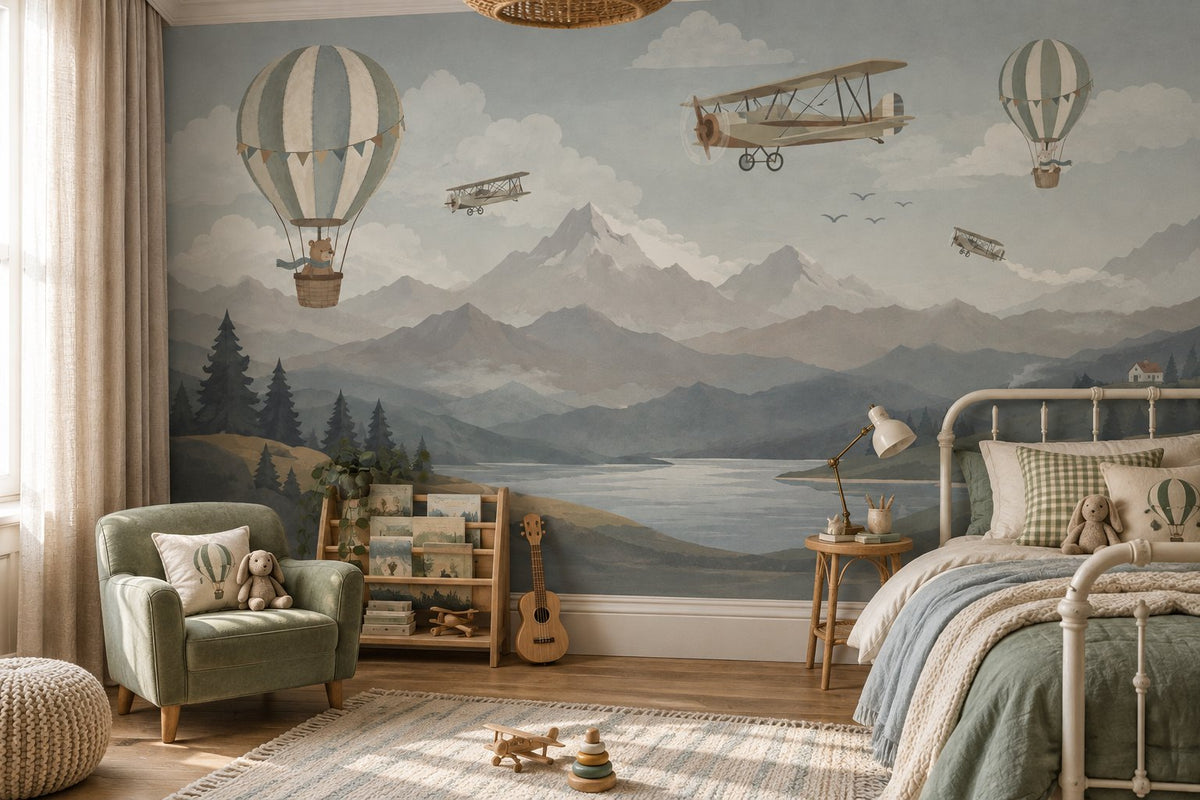 Vintage Hot Air Balloon Wallpaper : Biplane Mountain Kids Mural - View 2
