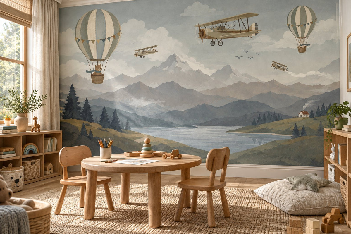 Vintage Hot Air Balloon Wallpaper : Biplane Mountain Kids Mural - View 4