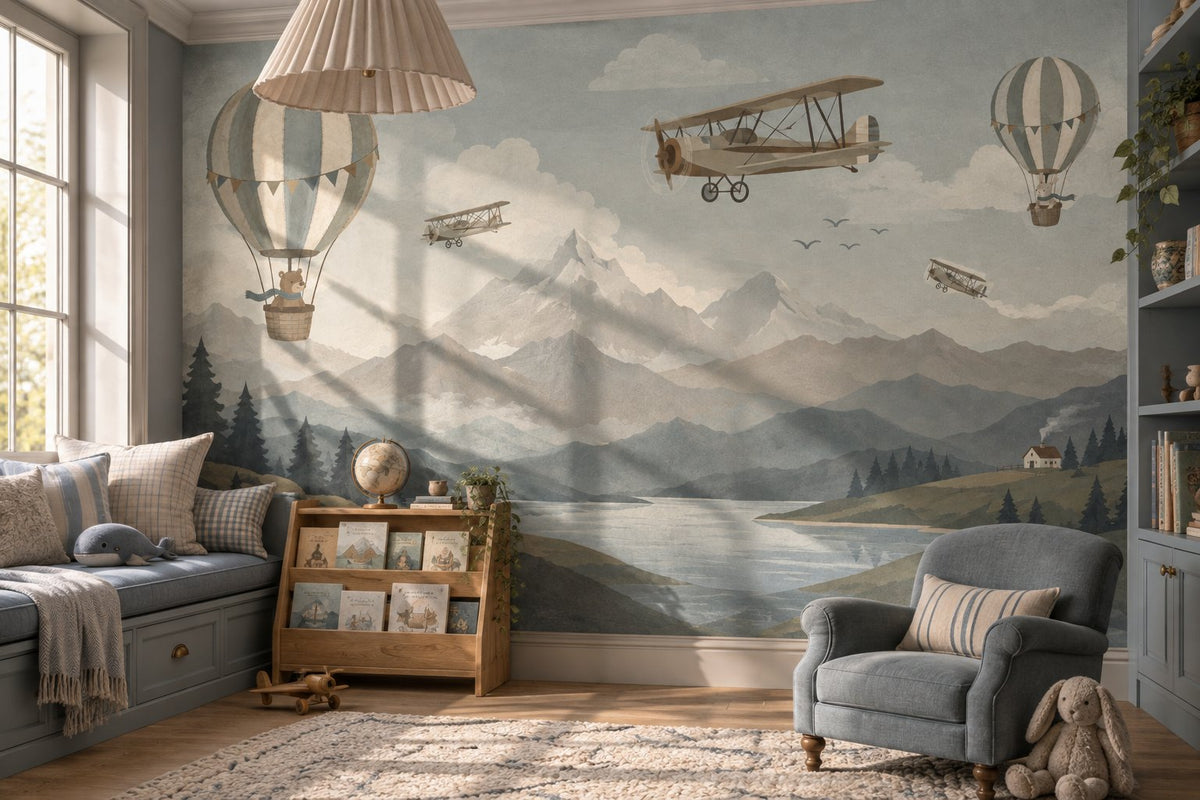 Vintage Hot Air Balloon Wallpaper : Biplane Mountain Kids Mural - View 5
