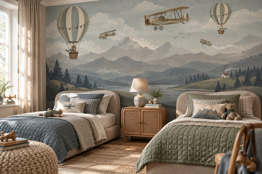 Vintage Hot Air Balloon Wallpaper : Biplane Mountain Kids Mural - View 6