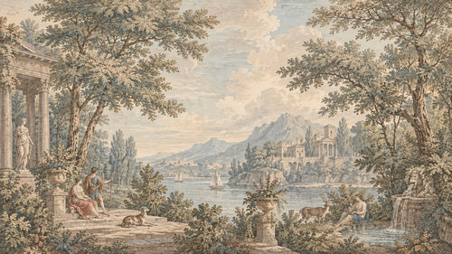 Neoclassical Pastoral Landscape Wallpaper : Vintage Lake Scene Mural